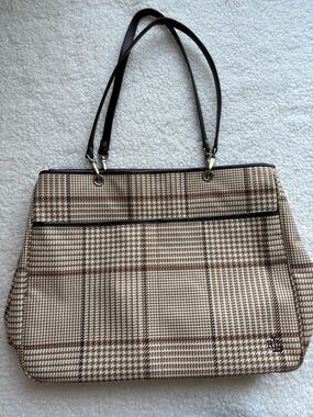 Lauren Ralph Lauren Classic Plaid Houndstooth Tote Bag in Brown and Cream